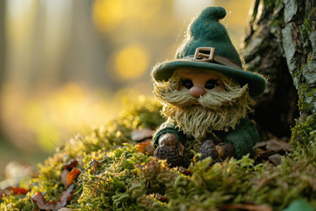 A toy leprechaun in a green hat sits on moss in the forest. St. Patrick's Day card.の素材