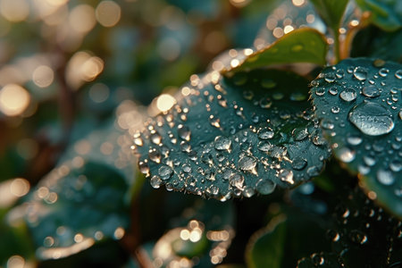 Green foliage with raindrops in the forest. Summer nature, tropics, jungle.の素材