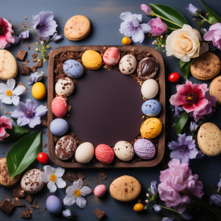 Easter eggs, macaroon and flowers. Spring floral banner.の素材