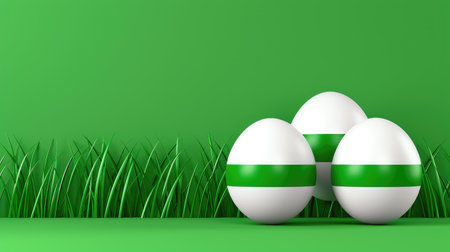 Three chicken eggs on a green background with grass, Easter card, banner.の素材