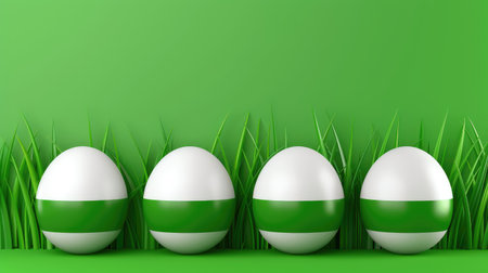 Four chicken eggs on a green background with grass, Easter card, banner.の素材
