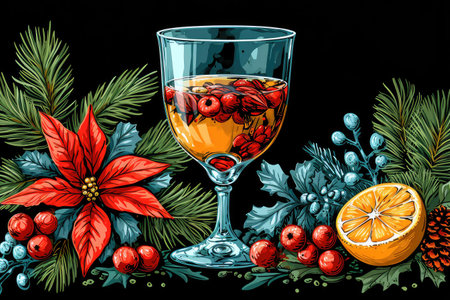 A glass of gin on a background of juniper and orange. Gin label illustration.の素材