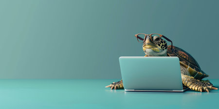 Turtle in glasses near a laptop, horizontal banner for business.の写真素材