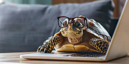 Turtle in glasses near a laptop, horizontal banner for business.の写真素材