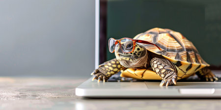 Turtle in glasses near a laptop, horizontal banner for business.の写真素材
