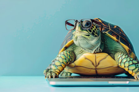 Turtle in glasses near a laptop, horizontal banner for business.