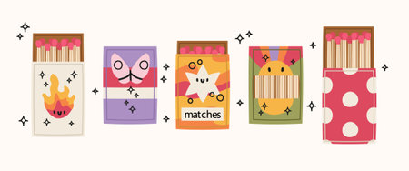 Collection of bright matchboxes. Hand draw design style. Vector illustration isolated on white background.のイラスト素材
