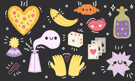 Hand drawn cute bright characters. Big Set of Different colored Vector illustrations. Cute pizza-heart, palms, banana, jars, croissant, lips and ghost . cartoon style.のイラスト素材