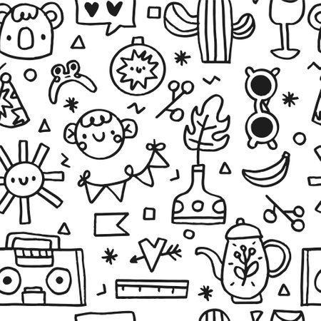 Cute childish pattern. Vector baby baby. Doodle koala, boy, sun, glass, cacti, radio, flower, kettle. Perfect for wrapping paper, printing on the fabric, design package and coverのイラスト素材