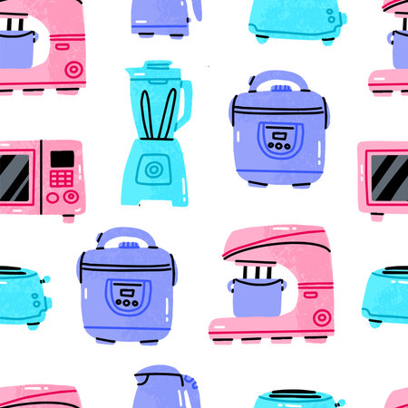 Hand drawn illustration of cooking tools. actual vector drawing. Kitchen seamless pattern.Kitchen furniture in cartoon style. Toaster, microwave oven, kettle, multi cookerのイラスト素材