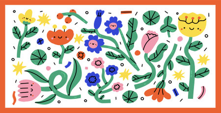 Cute funny smile face flowers set collection.Vector cartoon character illustration design. Positive...