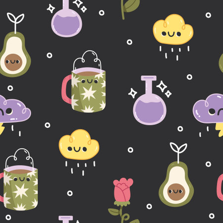 Hand drawn bright characters. Big pattern of different colored vector illustrations. Cute broccoli, avocado, cloud. Background, wallpaper, wrapping, textile templateのイラスト素材