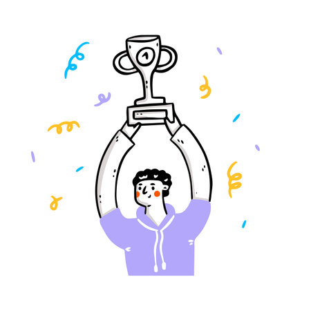 Happy man holding golden trophy and celebrating victory. Concept of business success, competition winner, champion or leader, prize award. vector illustration for poster, banner.のイラスト素材