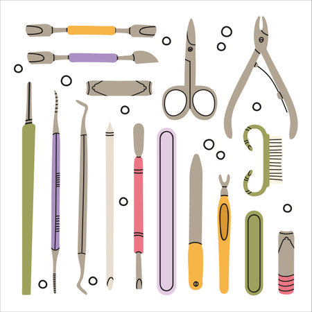 Cartoon manicure salon nail care routine. Various manicure supplies, equipment, tools. Nail scissors, nail file, tweezers, nail polish, hand cream, brush.のイラスト素材
