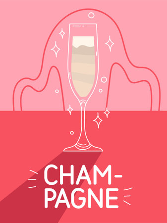 Champagne cocktail in glass. Classic summer alcohol drink illustration square card. Minimal poster with alcoholic beverage. Vector bright illustration.Wall decoration, posterのイラスト素材