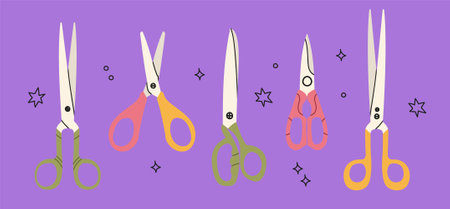 Different scissors models vector icons set isolated on purple background. Hand cutter tools...