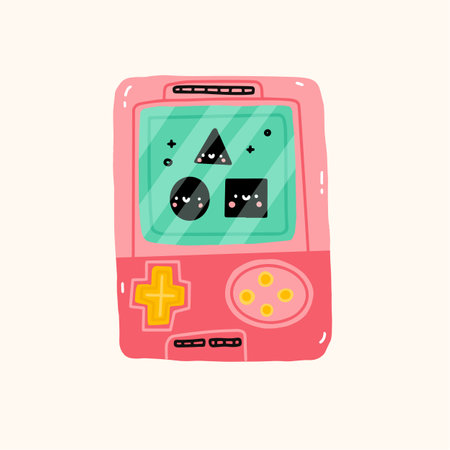 Japanese classic game with screen display, chain and buttons. 90s device digital pet pocket game. Millennial kid. Kidcore social media template. Vector illustration in 00sのイラスト素材
