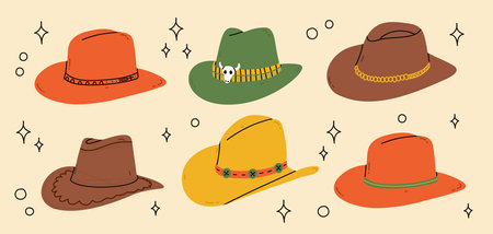 Cowboy western theme wild west concept.Hand drawn colorful vector set. Elements are isolated.Differents Ranch hats. Hand drawn colored flat vector illustration.のイラスト素材