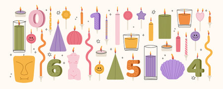 Various Candles. different shapes and sizes. Decorative wax bright candles for relax, spa. Cute handmade perfumed decoration. Hand drawn Vector illustration.Home aromatherapyのイラスト素材