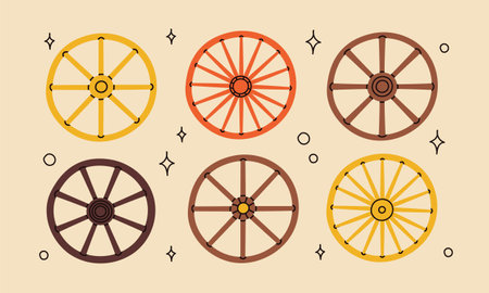 Cowboy western theme wild west concept.Hand drawn colorful vector set. Elements are isolated.Different set of wooden wheels. Hand drawn colored flat vector illustration.のイラスト素材