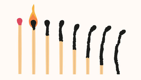 Burning match animation. Burn matches stages, burned flame matchstick row wood ignition flammable stick animated gif loading combustion blow fire, isolated neat vector illustrationのイラスト素材