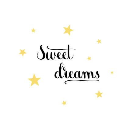Vector lettering illustration Sweet dreams. Handwritten positive phrase on white background. Text element with black inscription and golden starsのイラスト素材