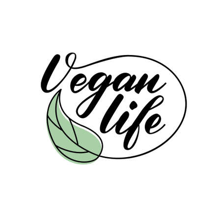 Vegan life handwritten lettering illustration. Green leaf  on transparent background. Vegetarian lifestyle quoteのイラスト素材