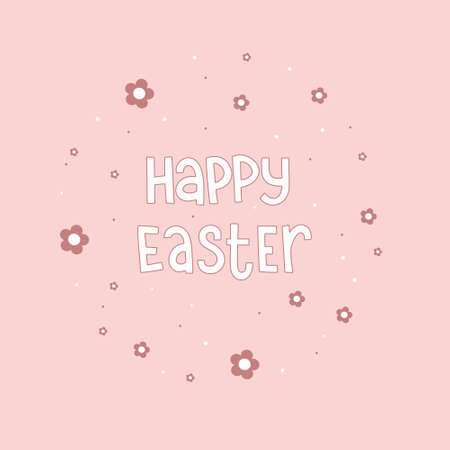 Vector hand drawn lettering illustration Happy Easter. White text with flowers in scandinavian styleのイラスト素材