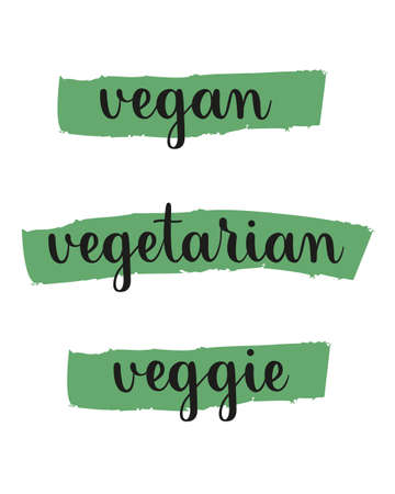 Vegan, veggie, vegetarian. Set of handwritten vegetarian lifestyle phrases. Black calligraphic text on green brush strokesのイラスト素材