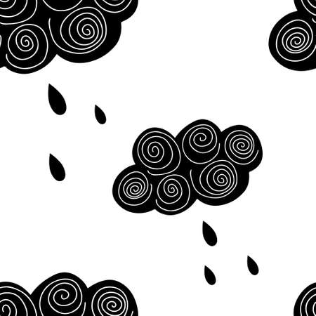 Abstract clouds with water drops. Seamless pattern in scandinavian style. Black and white hand drawn digital paperのイラスト素材