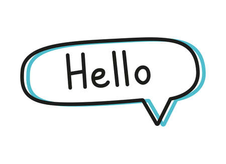 Hello. Handwritten lettering illustration. Black vector text in a blue neon speech bubble. Simple outline styleのイラスト素材