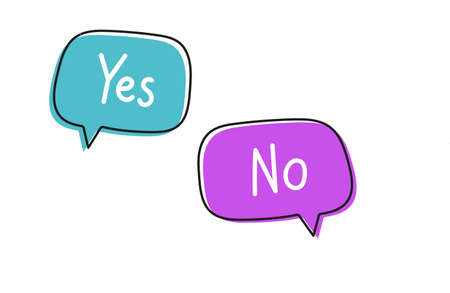Yes no. Handwritten lettering illustration. Black vector text in blue and pink neon speech bubbles.