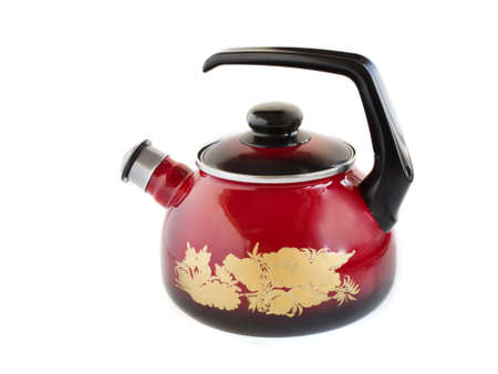 Red tea kettle   on a white backgroundの写真素材
