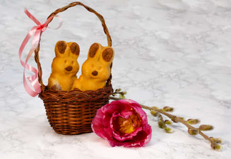 Easter bunnies in a wicker basketの写真素材