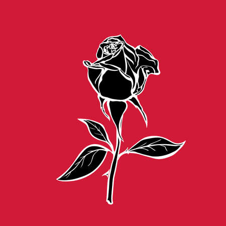 Rose sketch. Black outline on red background. Vector illustration.のイラスト素材