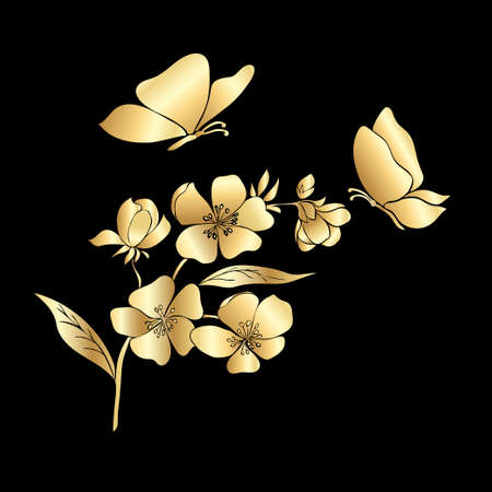 Gold twig sakura blossoms and butterflies. Vector illustrationのイラスト素材