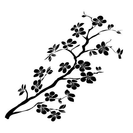 twig sakura blossoms. Vector illustration. Black Silhouetteのイラスト素材
