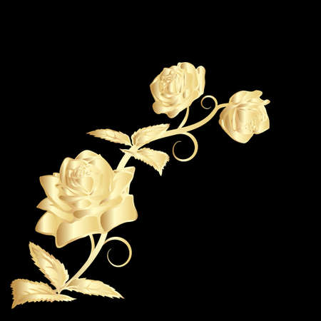 Rose sketch. Golden outline on black background. Vector illustration.のイラスト素材