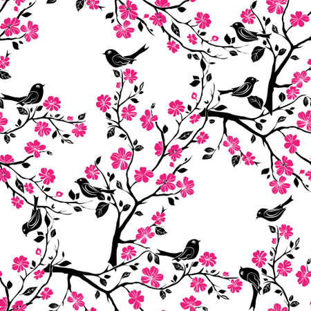 twig sakura blossoms and birds. Vector illustration. Black Silhouette. Seamlessのイラスト素材