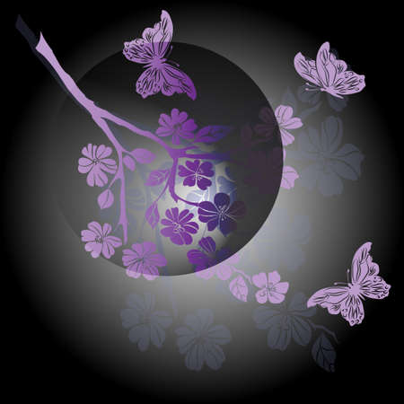 twig sakura and butterfly are on black background. Vector illustrationのイラスト素材