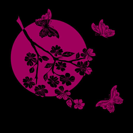 twig sakura and butterfly are on black background. Vector illustrationのイラスト素材