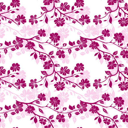 twig sakura blossoms. Vector illustration. Pink Silhouette. Seamlessのイラスト素材