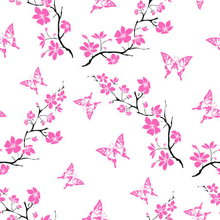 twig sakura blossoms. Vector illustration. Black and pink Silhouette. Seamlessのイラスト素材