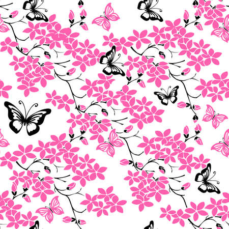 twig sakura blossoms. Vector illustration. Black and pink Silhouette. Seamlessのイラスト素材