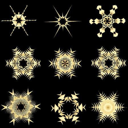 Snowflake Vectors. Golden silhouette on black backgroundのイラスト素材