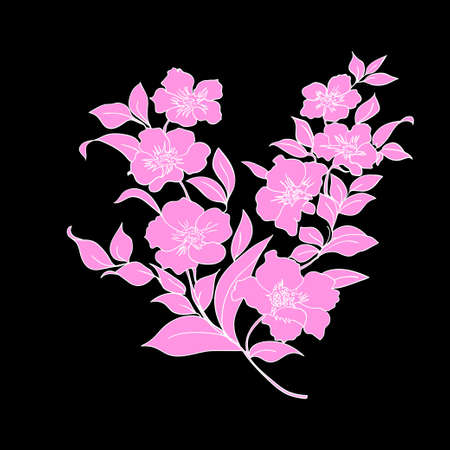twig sakura blossoms. Vector illustration. White outline on black backgroundのイラスト素材