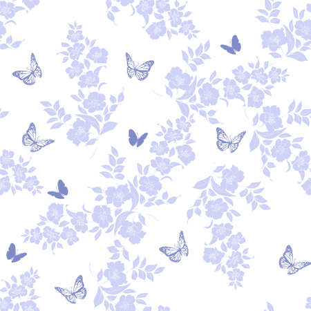 twig sakura blossoms. Vector illustration. Blue Silhouette is on white background, Seamlessのイラスト素材