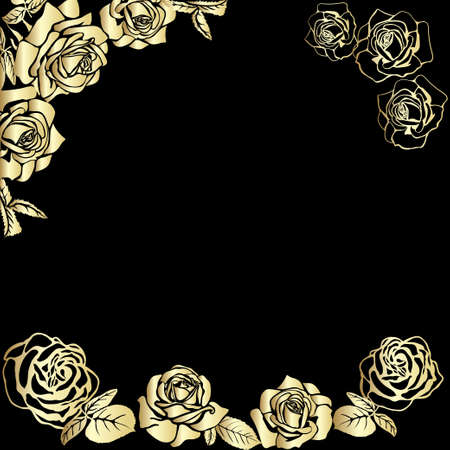 Rose sketch. Golden outline on black background. Vector illustration.のイラスト素材