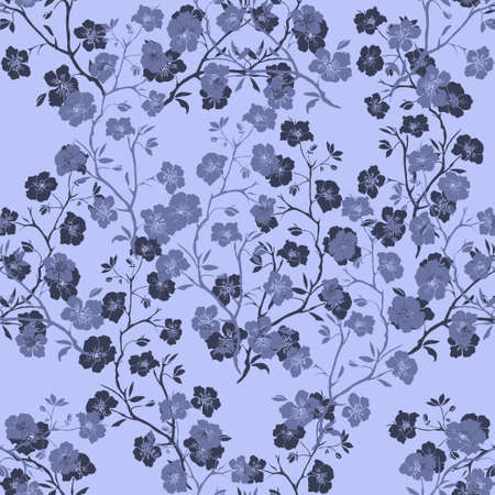 twig sakura blossoms. Vector illustration. Blue Silhouette is on blue background, Seamlessのイラスト素材