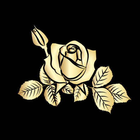 Rose sketch. Golden outline on black background. Vector illustration.のイラスト素材